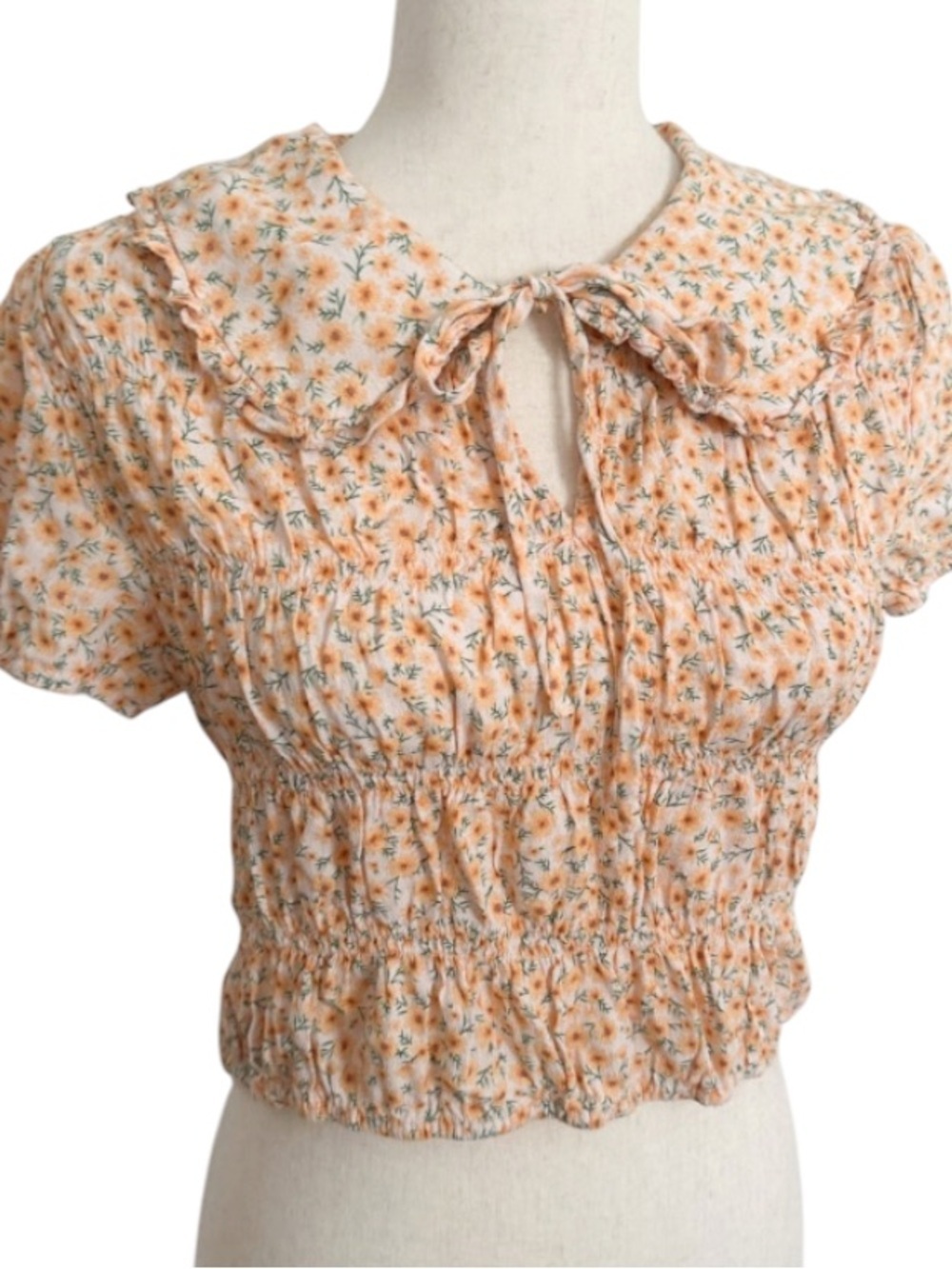 Elodie Smocked Peter Pan Collar Puff Sleeve  Floral Daisy Crop Top Cottagecore